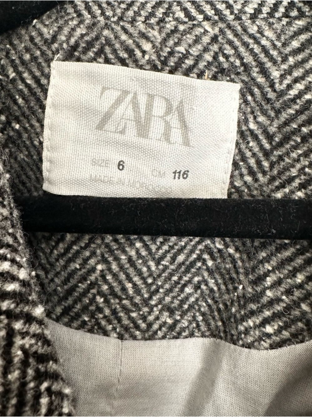Zara Girls Black & White Herringbone Long Pea Coat Size 6 - Picture 3 of 7